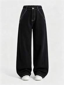 SHEIN Tween Boy New Smoke Gray Vintage Denim Jeans, American Street Style Loose Drape Wide Leg All-Match Versatile Casual Denim Long Pants - Black - View 3