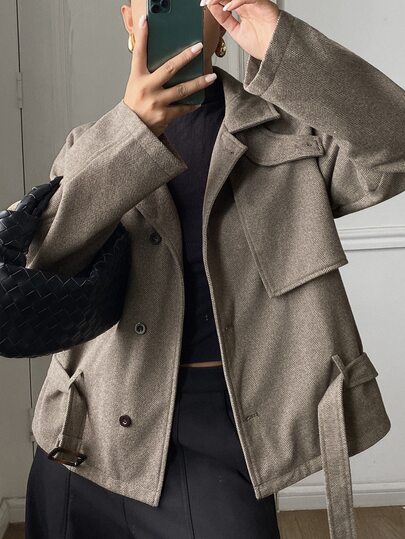 DAZY Loose Herringbone Pattern Jacket Coat, High Neck Long Sleeve With Belt, Casual Street Old Money Korean Style Elegant Autumn/Winter Overcoat, Regular Fit Women's Outerwear