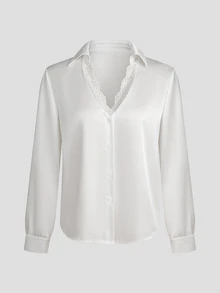 Balvessa Blus Elegan Wanita Warna Polos dengan Renda Kontras dan Kancing Tunggal - Putih - View 8