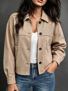 Linhara CURVE Plus Size Women's Autumn/Winter Suede Fleece Lapel Pocket Jacket - Khaki - View 1