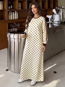 Al Najma Round Neck Woven Trim Brown Polka Dot Dress - Multicolor - View 4
