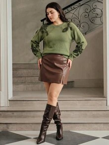 Anewsta Plus Size Vintage 3D Embroidered Vacation Pullover Sweater - Army Green - View 4