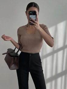 DAZY 女款純色休閒修身顯瘦長款喇叭褲 - 黑色 - 查看 4