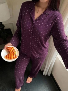 DAZY 甜美碎花無袖背心上衣與修身短版長褲兩件套，女款春夏睡衣套裝 - 中紫紅色 - 查看 1
