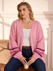 EMERY ROSE Plus Size Women's Colorblock Casual Versatile Daily Cardigan - Pink - View 6