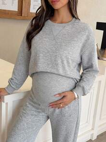 Dazy Maternity 圓領寬鬆短袖上衣與鬆緊腰短褲休閒運動孕婦兩件套裝 - 灰色 - 查看 9