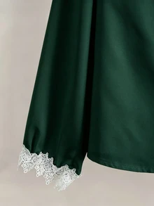 Franclia 女款極簡日常通勤圓領珍珠裝飾長袖優雅襯衫，蕾絲飾邊百搭珍珠裝飾女款通勤長袖襯衫，秋冬白色通勤穿搭，秋季女裝，秋季外出服飾，女款優雅襯衫，女款新款襯衫 - 墨綠色 - 查看 4