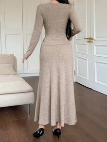 DAZY Women's Elegant Commute Long Sleeve Top And Skirt 2 Pieces Set, Autumn - Apricot - View 2