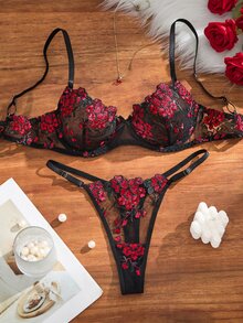 SHEIN 2件組女款網紗刺繡內衣套裝 - 黑色 - 查看 3