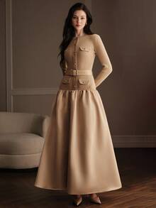 Anewsta 2026 New Autumn/Winter Elegant French Style Knitted Dress - Champagne - View 7