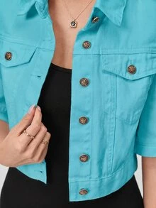 SHEIN EZwear 休閒純色中袖短版牛仔夾克 - 橘色 - 查看 5