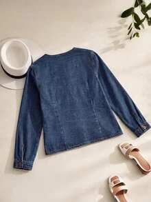 GlowEve CURVE Jaket Denim Kasual Ukuran Besar dengan Ikatan Depan, Musim Gugur - Medium Wash - View 3