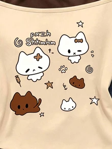 SHEIN Sparklyn 女童動物圖案印花休閒假兩件式單肩細肩帶短袖T恤上衣，舒適春秋日常穿著 - 彩色 - 查看 4