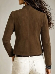 Velvienne Versatile Premium Metal Zipper Plus Size Women's Motorcycle Jacket - Brown - View 2
