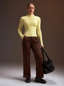 Powerista Women's Pale Yellow Slim Fit Long Sleeve Stand Collar Open Front Sports Jacket - Light Yellow - View 5