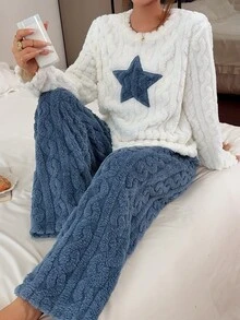 Napfluff 2-Piece Fluffy Fleece Pajama Set With Star Embroidery Pattern, Warm And Elegant Details, Autumn And Winter Clothing - Multicolor - View 7