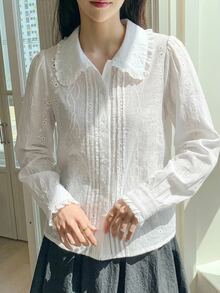 DAZY 女款花卉刺繡圖案休閒日常襯衫 - 白色 - 查看 3