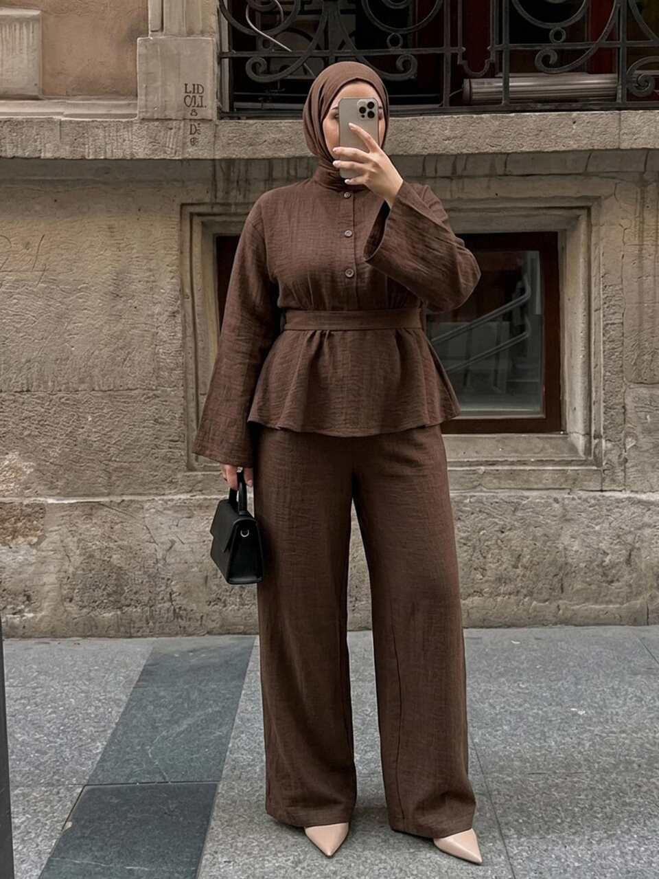 Dazy Plus Autumn New Loose Casual Bell Sleeve Tie Waist Top With High Waist Wide Leg Long Pants 2 Pieces Set