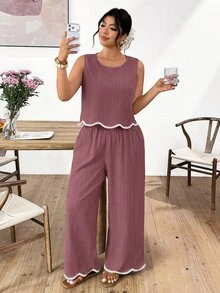 Lounesse Plus Size Women's Round Neck Sleeveless Blouse And Wide Leg Pants Casual 2 Pieces Set - Burgundy - View 5