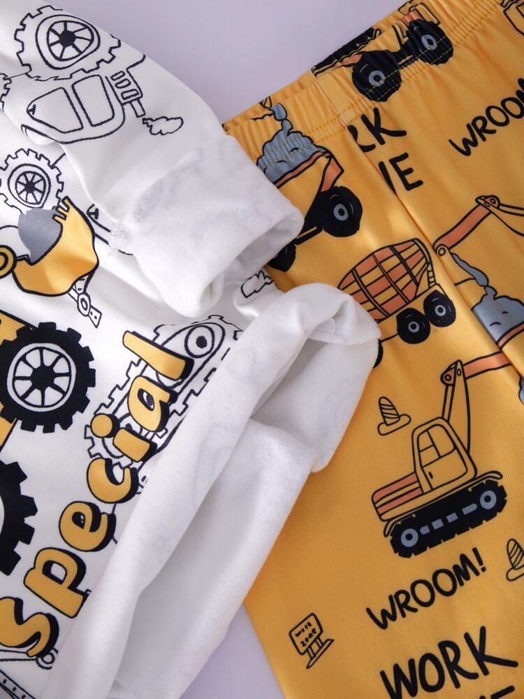 SHEIN Kids Young Boy Casual Minimalist Cartoon Car Pattern Snug Fit Long Sleeve Crew Neck Pants Loungewear Suitable For Autumn/Winter - White - View 5