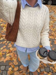Livesso Sweater Kasual Wanita Warna Polos, Warna Putih Gading untuk Acara Santai Musim Gugur/Dingin - Aprikot - View 1