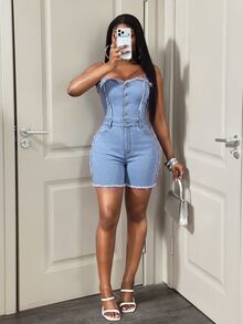 BamGleam Women's Outdoor Fashion Sexy Strapless Frayed Blue Denim Jumpsuit - Light Wash - View 4