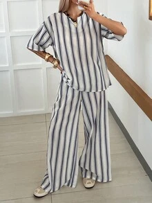 DAZY 春夏女款寬鬆襯衫上衣，飄逸白色兩件套 - 藍色 - 查看 5