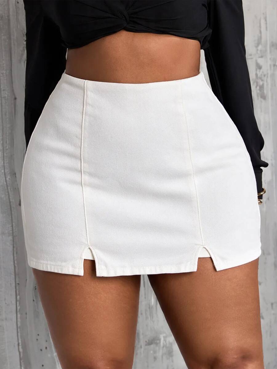 Jeanoix 大尺碼女款時尚牛仔裙,開衩下擺 - 白色 - 查看 1