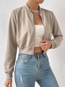 SHEIN EZwear 春季服飾 素色拉鍊短版飛行夾克 - 杏色 - 查看 5