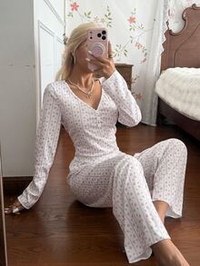 CottageSlumber Ice Silk Ribbed Fabric Striped Ditsy Floral Long Sleeve Long Pants Pajama Set - Multicolor - View 1