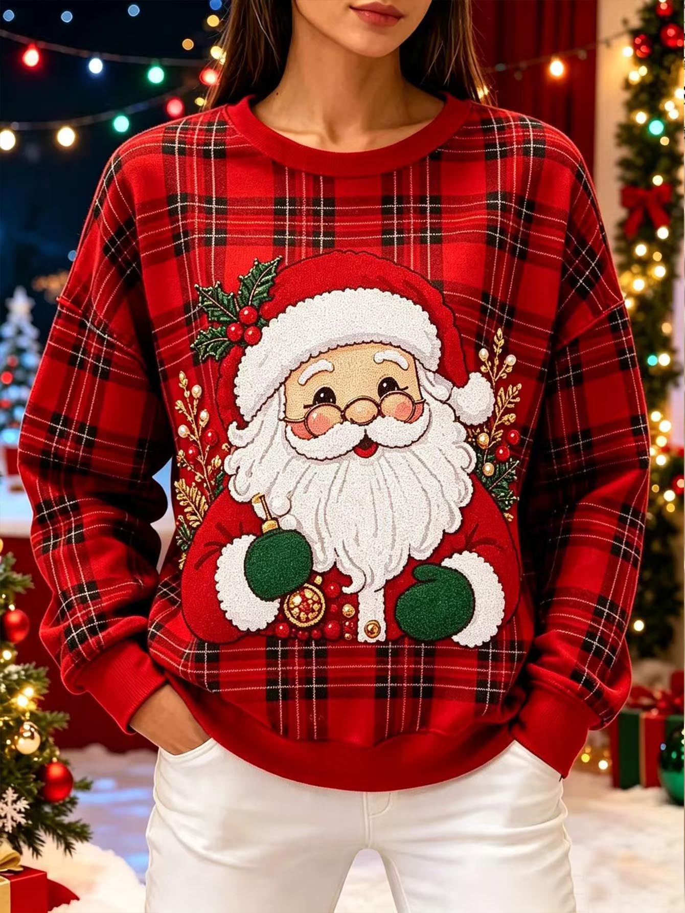 Selamara Women's Santa Claus Print Crew Neck Drop Shoulder Long Sleeve Casual Sweatshirt - Multicolor - View 1