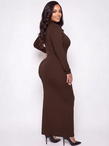 Poshavie Poshavie Plus Size Elegant Long Sleeve Bodycon Midi Dress Metal Ring Ruched Wrap Party Autumn Dress - Brown - View 2