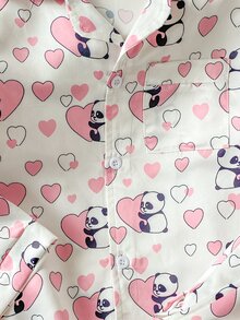 SHEIN 女童優雅甜美熊貓與愛心圖案休閒舒適長袖上衣＋長褲兩件式居家服套裝 - 粉色 - 查看 7