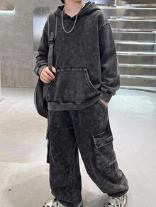 SHEIN 小男孩破舊風長袖口袋設計運動衫 - 彩色 - 查看 3