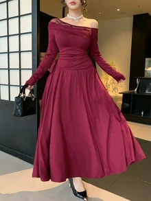 DAZY Women's Solid Color Contrast Lace Asymmetrical Shoulder Long Sleeve Side Waist Knot Elegant Mid-Length Dress Fall - Burgundy - View 3