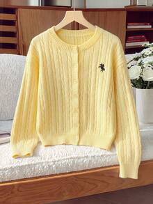 SHEIN Tween Girl Casual Solid Yellow Logo EMB Cardigan For Fall/Winter, Back To School, Preppy Style - Yellow - View 11