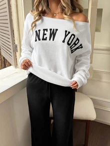 SHEIN 青少年女孩露肩字母印花衛衣黑色喇叭褲套裝，秋季穿搭，自由，冬季 - 黑與白 - 查看 7