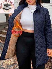 SHEIN EZwear 大尺碼女款保暖內裡純色休閒優雅百搭冬季加厚外套 教師通勤外出穿搭 海軍藍 - 藏蓝色 - 查看 1