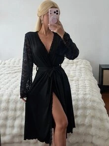 Dream Adore رداء أسود بخطوط عمودية منسوجة مع أكمام دانتيل، ملابس منزلية فاخرة أنيقة - الأسود - مشاهدة 6