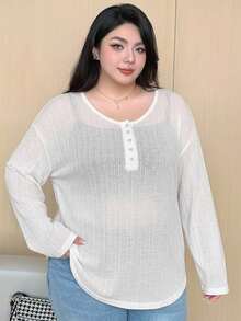 REIGN AVE Solid Color Large Scoop Neck Half-Placket Long Sleeve T-Shirt Spring/Summer - White - View 2