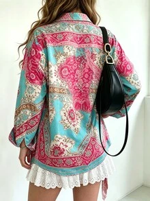 Sundraya 女款寬鬆全印花長袖襯衫，適合日常穿著 - 彩色 - 查看 2