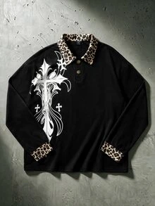 ROMWE MEN Street Life 男士夏季休閒時尚街頭風日常通勤豹紋十字哥德暗黑 Polo 衫 - 黑色 - 查看 3