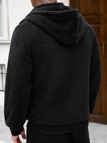 Manfinity CasualCool Ins熱銷男士珊瑚絨落肩袖開襟連帽衛衣，送給爸爸、丈夫、男友的萬聖節、聖誕節、新年禮物 - 黑色 - 查看 2