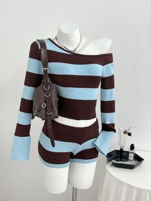 Elamini Women's Casual Versatile Fitted Color-Block Striped Daily Commute Outfit Autumn/Winter Asymmetrical Shoulder Sweater 2 Pieces Set - Multicolor - View 1