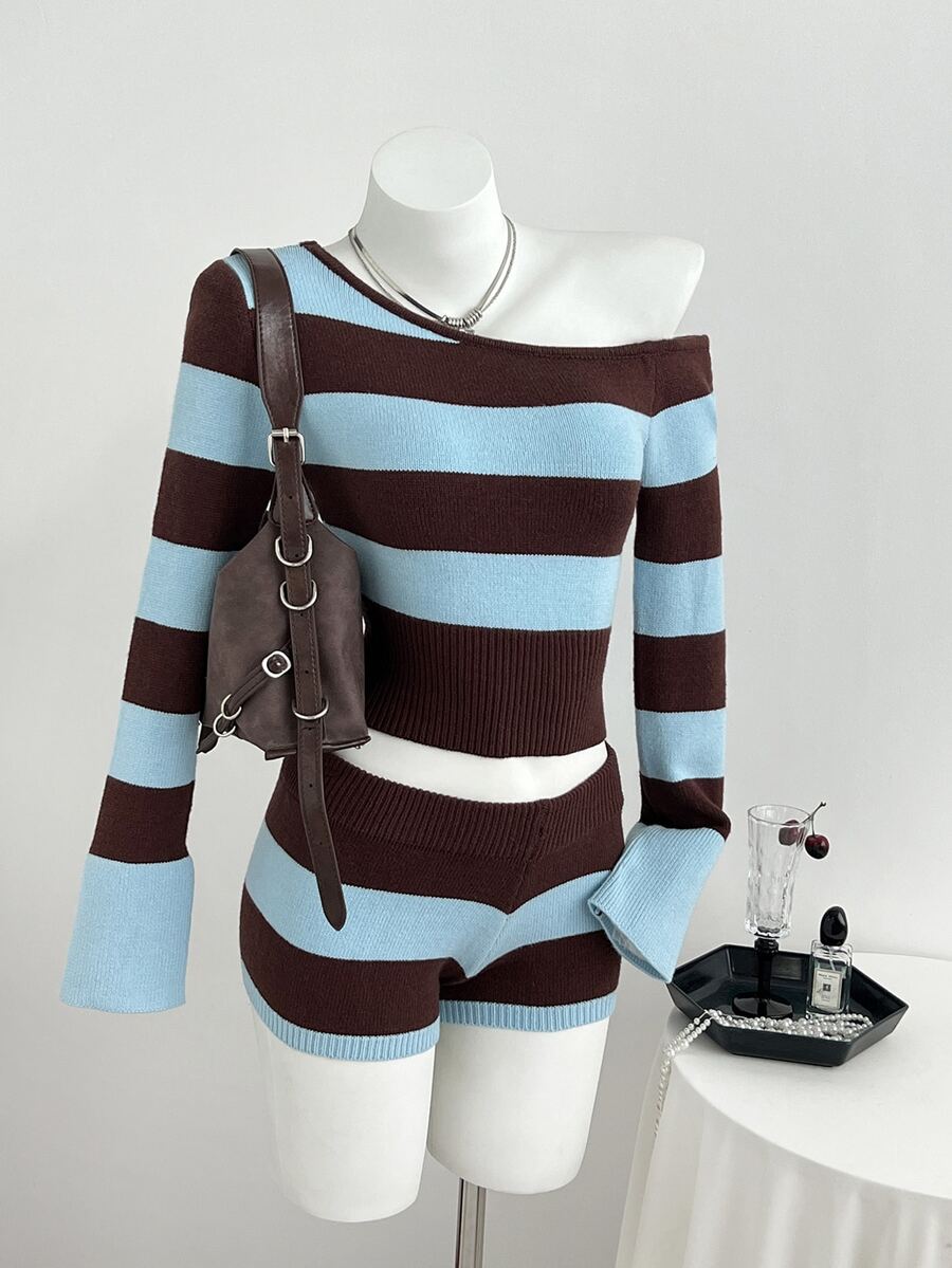 Elamini Women's Casual Versatile Fitted Color-Block Striped Daily Commute Outfit Autumn/Winter Asymmetrical Shoulder Sweater 2 Pieces Set - Multicolor - View 1