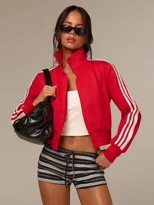 Athîral Women's Casual Sports Colorblock  Webbing Funnel Neck Zip-Up Long Sleeve Sweatshirt For Fall Winter,Cool Girl ,Casual Street Going Out Gym, Christmas - Red - View 1
