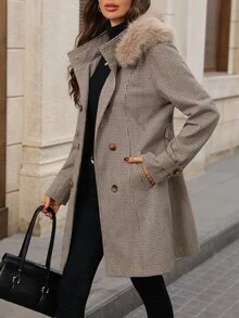EMERY ROSE Women's Autumn/Winter Casual Elegant Plaid Vintage Collar Wool Blend Jacket Winter Jacket Brown Jacket - Coffee Brown - View 1