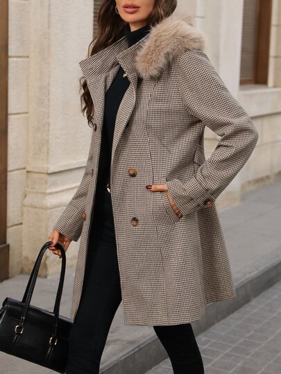 EMERY ROSE Women's Autumn/Winter Casual Elegant Plaid Vintage Collar Wool Blend Jacket Winter Jacket Brown Jacket