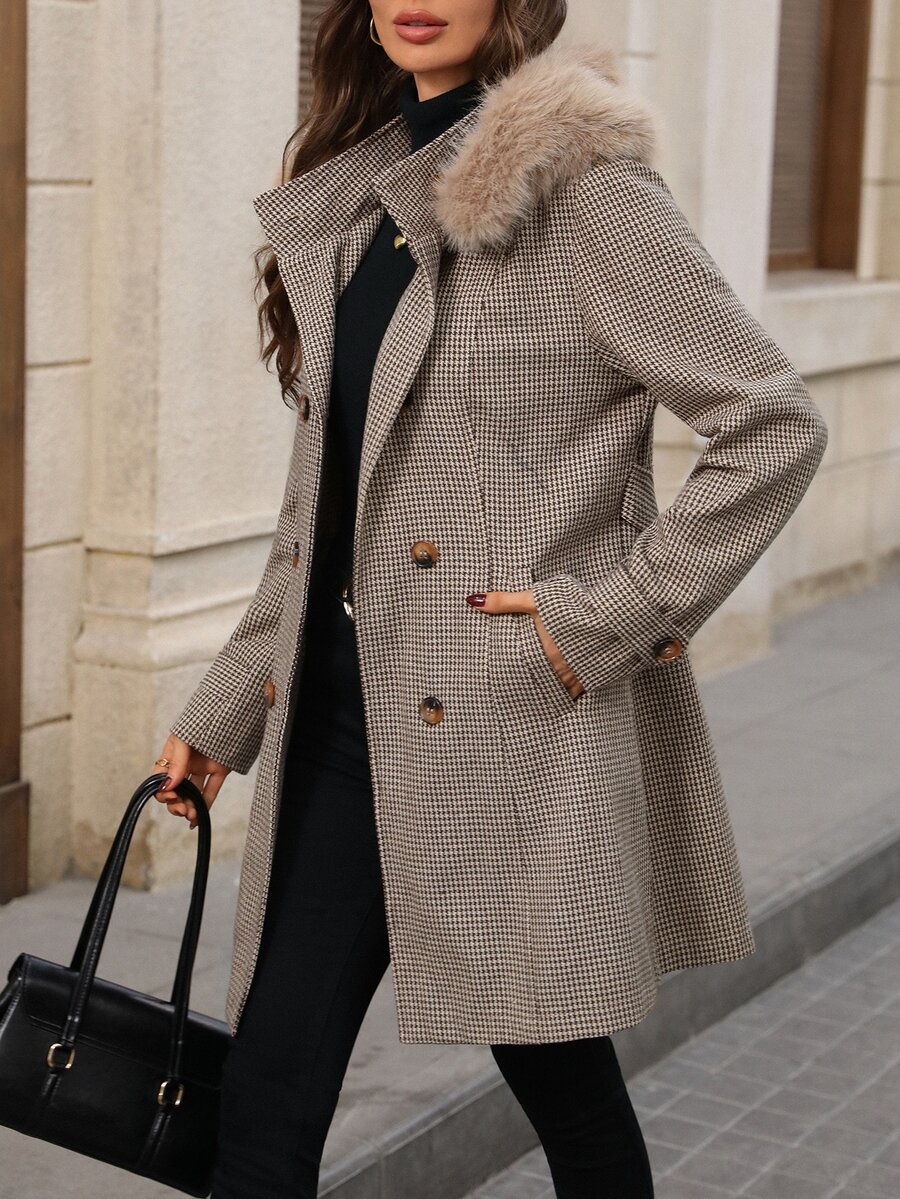 EMERY ROSE Women's Autumn/Winter Casual Elegant Plaid Vintage Collar Wool Blend Jacket Winter Jacket Brown Jacket - Coffee Brown - View 1