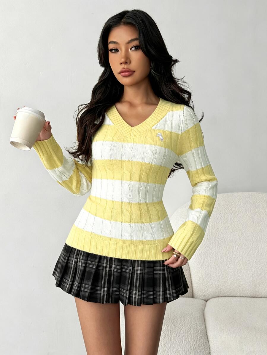 SHEIN 青少年女孩條紋V領學院風拼色針織修身舒適套頭毛衣 - 黃色 - 查看 1